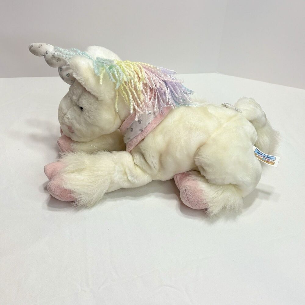 Vintage Animal Alley White Unicorn Pastel Rainbow Yarn Sparkle 16” Pink Stuffed